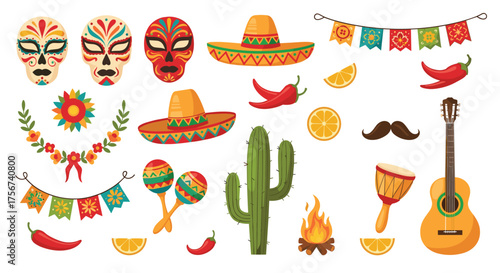 Collection of vibrant festive elements for a traditional Mexican celebration and holiday.