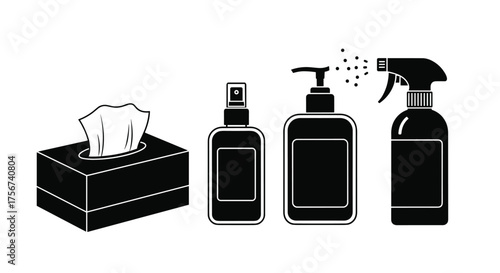 A hygiene essentials set including a tissue box and various disinfectant spray bottles.