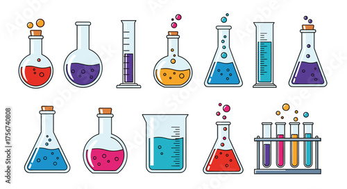 An assortment of colorful laboratory flasks and beakers filled with various liquids undergoing chemical reactions.
