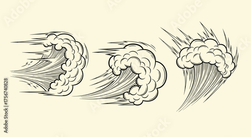 Stylized illustrations of dynamic swirling smoke clouds in motion.