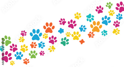 Colorful paw prints forming a playful pattern against a white background.