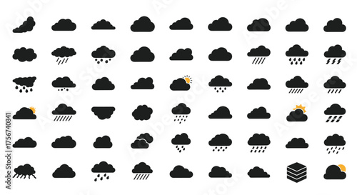 A comprehensive collection of weather cloud icons representing various atmospheric conditions and precipitation types.