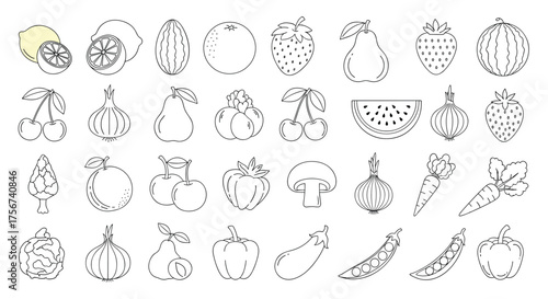 A collection of simple black and white line drawings of various fruits and vegetables.