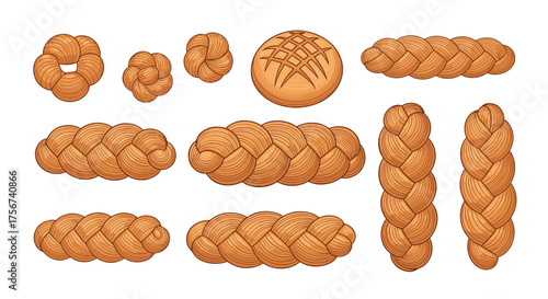 A variety of freshly baked braided bread and rolls displayed on a white background.