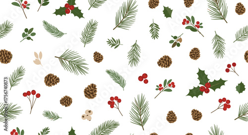 A charming festive pattern featuring evergreen sprigs and red berries.