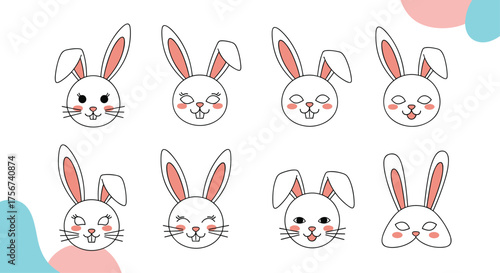 A collection of cute cartoon bunny faces with different expressions and emotions