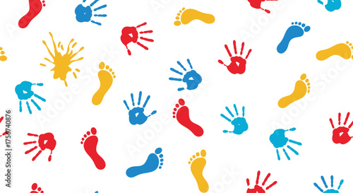 Colorful handprints and footprints scattered across a white background pattern