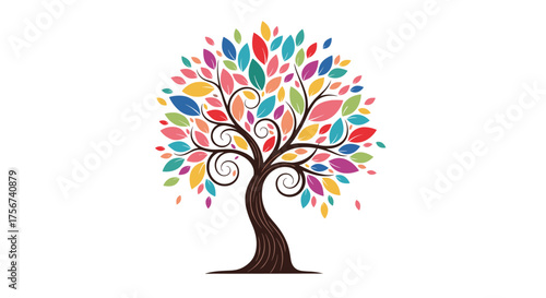 A whimsical and colorful tree with vibrant leaves and ornate branches.