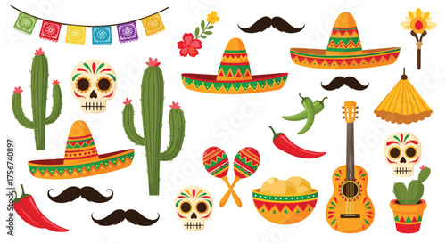 A vibrant collection of traditional Mexican fiesta elements including sombreros cacti and sugar skulls.