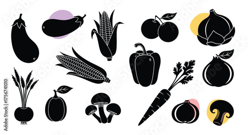 A diverse assortment of fresh farm vegetables and fruits artfully rendered in silhouette form.