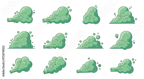 Set of green cartoon dust clouds with particles flying in different directions