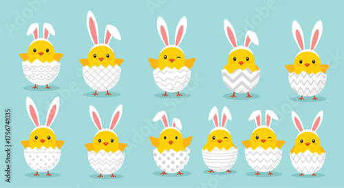 Collection of cute yellow chicks wearing bunny ears and emerging from Easter eggs on a light blue background.