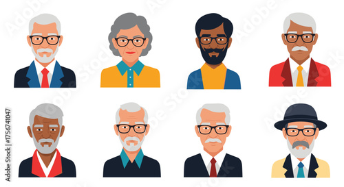 A diverse collection of pixel art portraits of elderly individuals from various backgrounds showcasing different styles and professions.