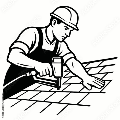 Roofing worker using nail gun on shingles in construction setting  