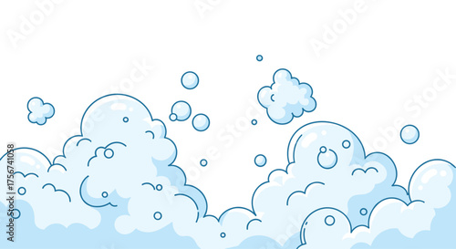 A whimsical animated scene depicting fluffy white clouds and small floating bubbles against a bright white background.