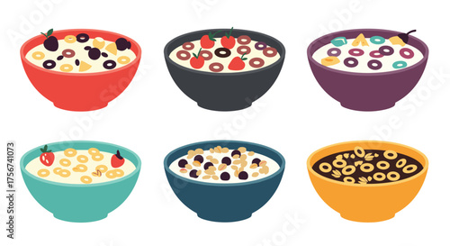 A collection of colorful bowls filled with various types of breakfast cereal and fruit.