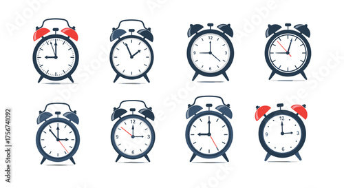A collection of retro style analog alarm clocks showing different times