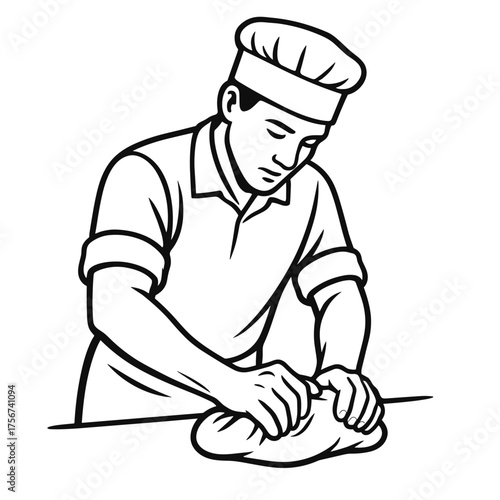 Baker kneading dough in a realistic style on a minimalistic white background