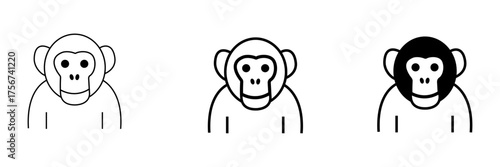 Set of minimalist chimpanzee icons with transparent background, showcasing outline and glyph styles, modern UI, UX and web applications, vector illustration 