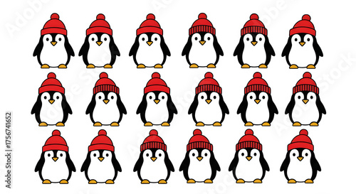 Festive Seamless Pattern of Penguins in Santa Hats - Christmas Holiday, Winter Animals, Cute Seasonal Design