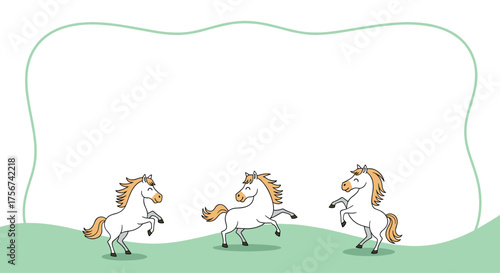 Three cartoon horses happily playing in a green grassy field.