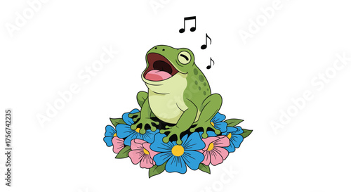 A cheerful green frog sings its heart out perched upon a vibrant flower patch.