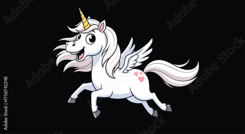 A white unicorn with wings running gracefully with its mane flowing in the wind.