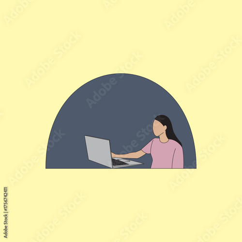 Young woman working on laptop vector illustration. Worker doing freelance or full time job at the office or home