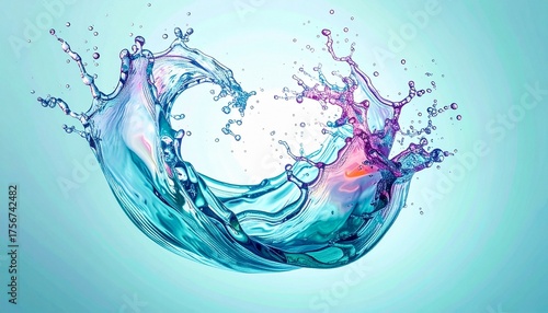 Dynamic abstract water splash creating a vibrant, fluid wave motion against a light blue background, symbolizing purity, refreshing energy, and liquid elegance in a captivating high-speed moment