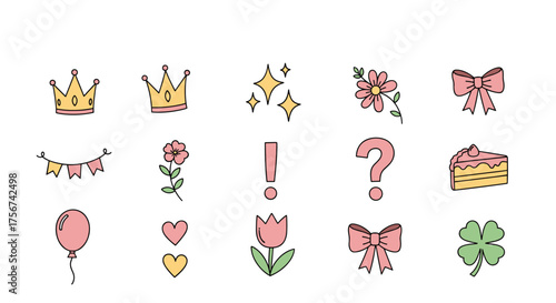 Cute hand-drawn pastel icons for party and celebration.