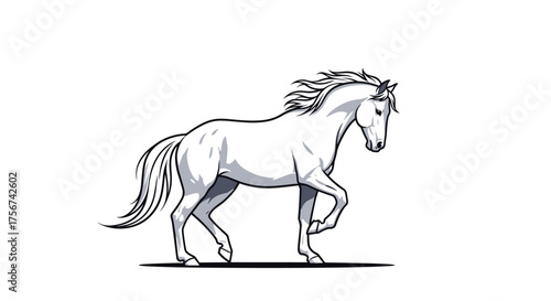A majestic white horse in motion against a white background.