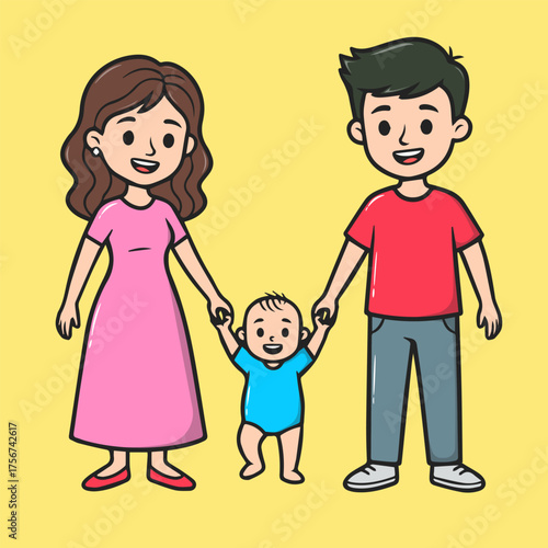 A tender illustration of parents gently walking together with their baby. This vector art is perfect for celebrating new parenthood, family life