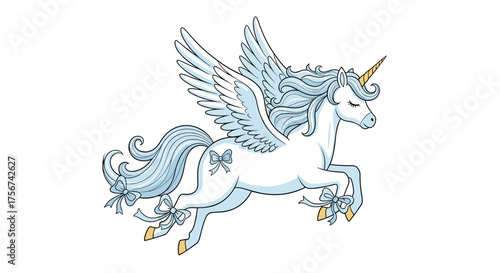 A magnificent winged unicorn with flowing mane and tail takes flight.