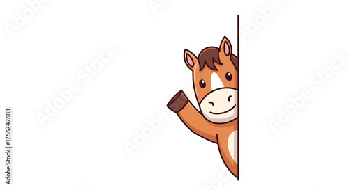 A cute cartoon horse peeking around a white corner waving hello.