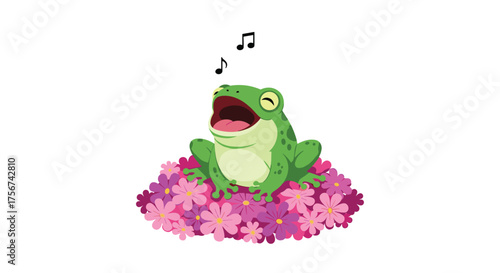 A happy frog sings amidst a pile of pretty flowers.