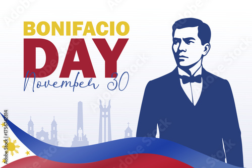 Bonifacio Day poster with Philippine landmarks silhouette and elegant typography for November 30 commemoration.