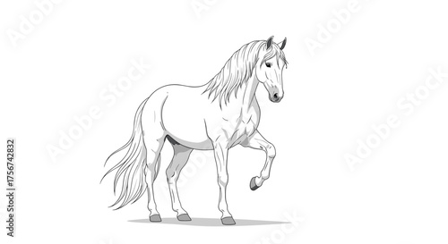 A detailed black and white illustration of a proud horse rearing its leg.
