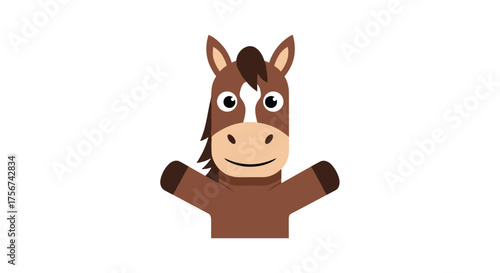 A friendly cartoon horse puppet with its arms open wide.