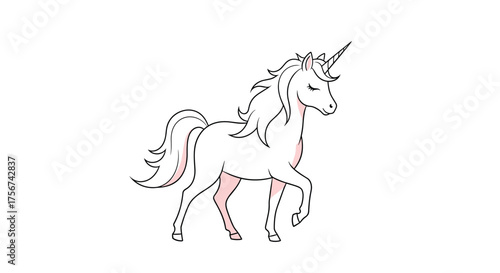 An elegant white unicorn with a flowing mane and tail graces a plain background.