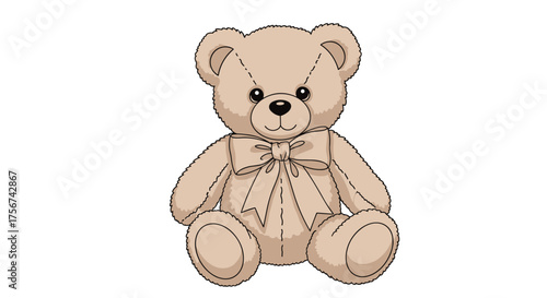 A fluffy teddy bear with a bow tie sits patiently waiting for a hug.