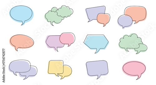 A collection of assorted speech bubble shapes in pastel colors.