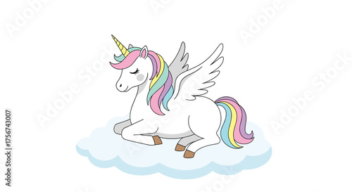 A beautiful winged unicorn rests peacefully on a fluffy cloud.