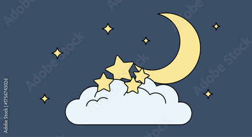 A dreamy crescent moon and stars adorning a fluffy cloud.