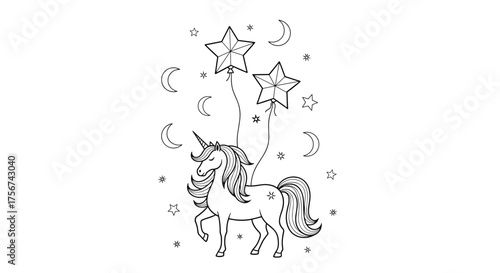 A magical unicorn with stars and moons floats gracefully above.