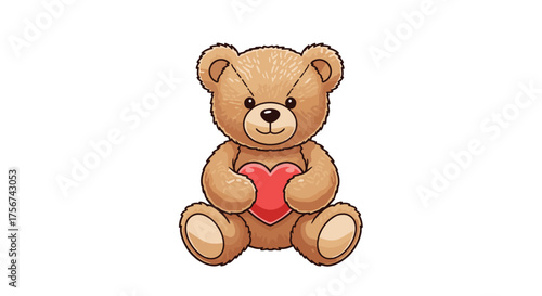 A cute teddy bear holding a red heart in its paws showing love and affection.