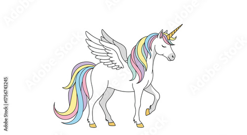 A magical winged unicorn with a rainbow mane and tail walks gracefully.