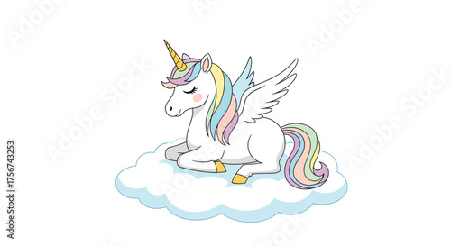 A gentle unicorn rests peacefully upon a fluffy cloud.