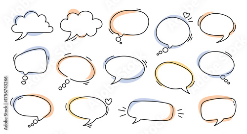 A collection of hand drawn speech bubbles and thought clouds in various shapes and sizes.