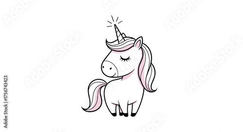 A cute cartoon unicorn with a sparkling horn and pink accents.