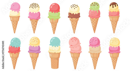 A collection of colorful ice cream cones in pixel art.